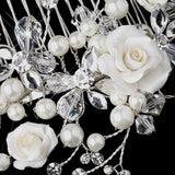 Silver Ivory Pearl, Austrian Crystal Bead and Rhinestone Rose Hair Comb 2882