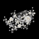 Silver Ivory Pearl, Austrian Crystal Bead and Rhinestone Rose Hair Comb 2882