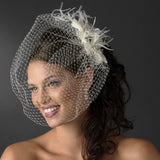 Feather Fascinator Flower with Crystal & Rhinestone Detailing & Russian Birdcage Blusher Veil White 3219
