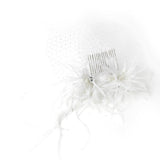 Feather Fascinator Flower with Crystal & Rhinestone Detailing & Russian Birdcage Blusher Veil White 3219
