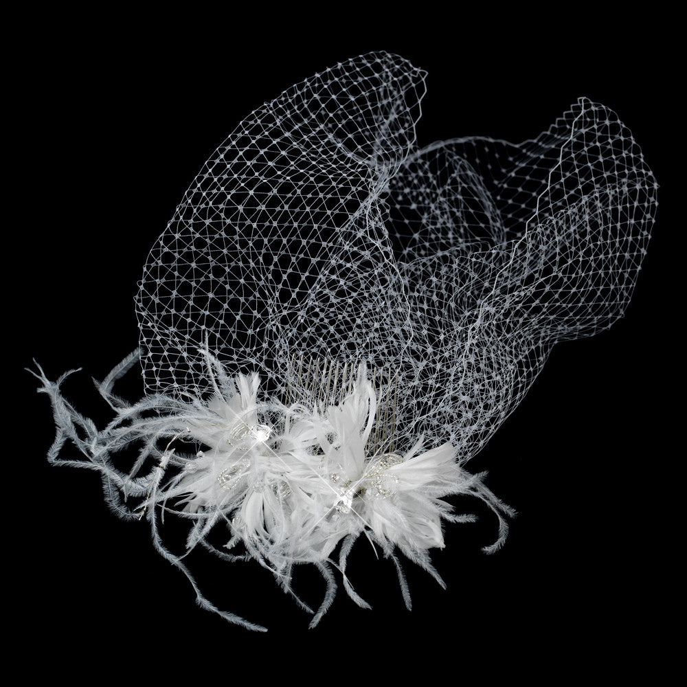 Feather Fascinator Flower with Crystal & Rhinestone Detailing & Russian Birdcage Blusher Veil White 3219