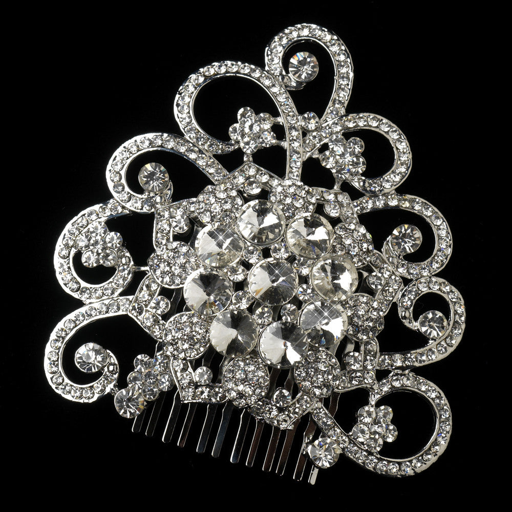 Antique Rhodium Vintage Floral Rhinestone Covered Swirl Side Hair Comb in Silver 403