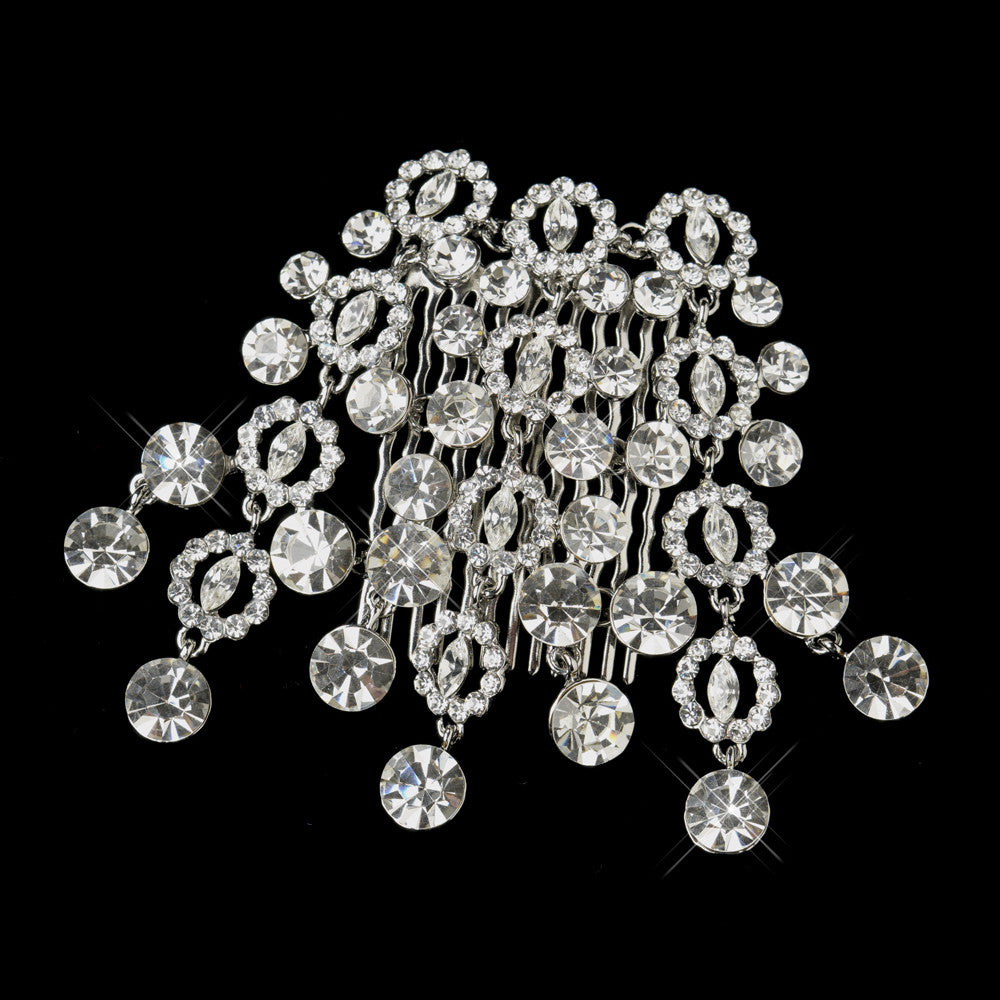 Antique Silver Clear Round Cut Dangle Rhinestone Side Comb 406