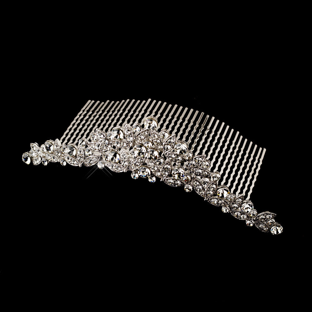 Antique Silver Clear Rhinestone Floral Comb 411