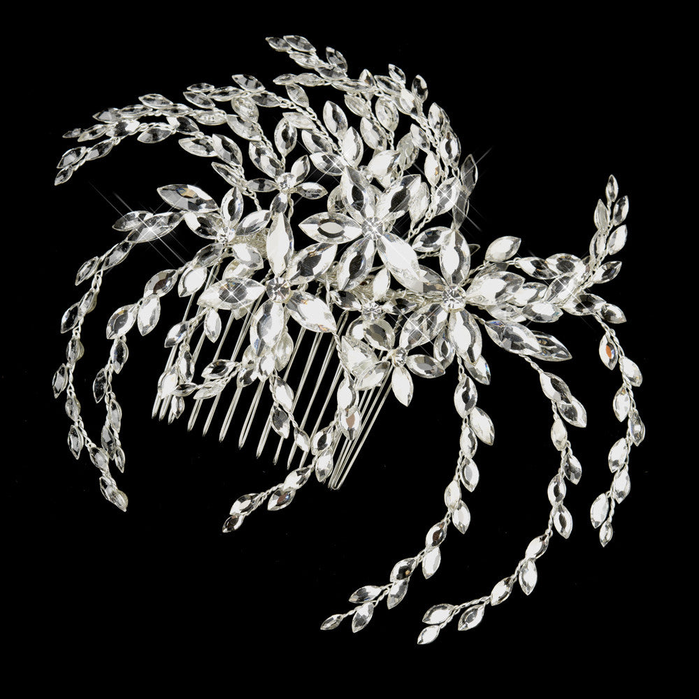 Silver Clear Marquise Rhinestone Floral Side Comb 4516