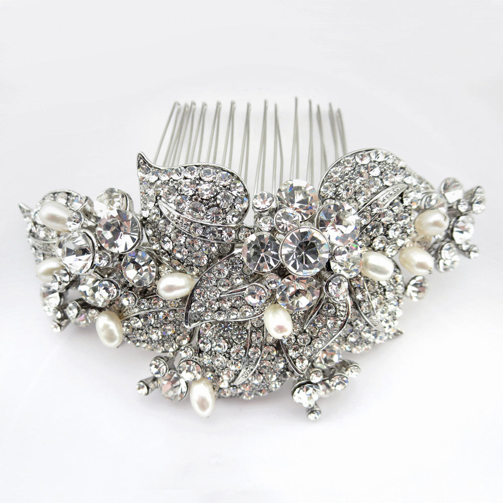 Antique Rhodium Silver Rhinestone & Freshwater Pearl Comb