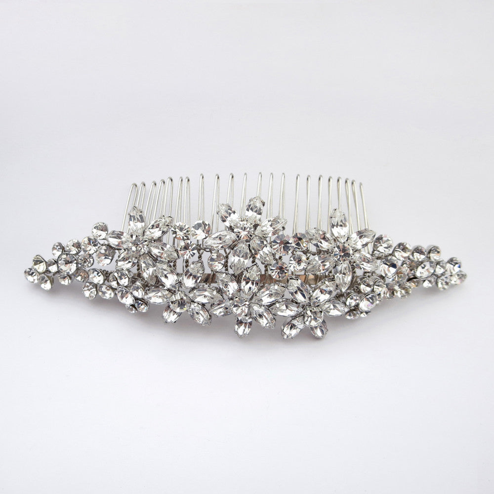 Rhodium Silver Floral Flexible Rhinestone Comb 57