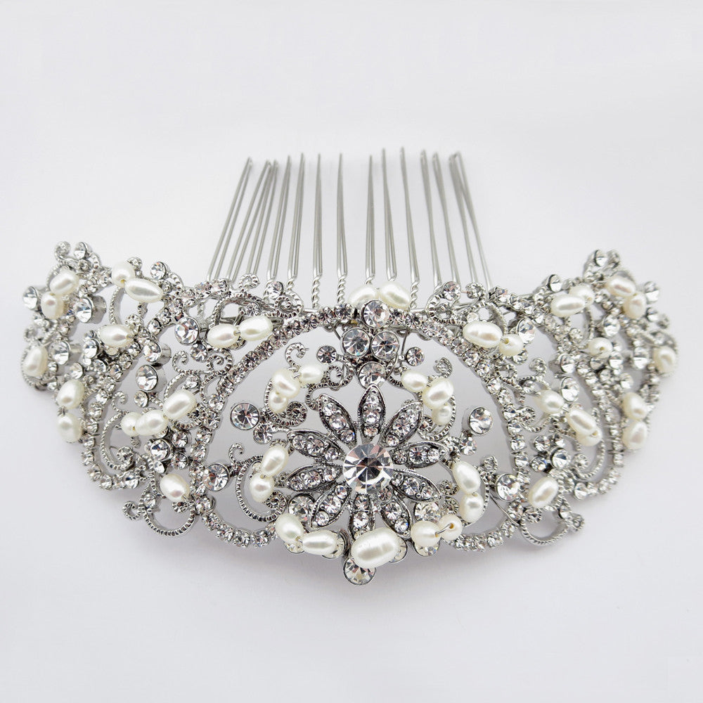 Rhodium Silver Rhinestone Lace Comb W/ Freshwater Pearl Accents Comb 59