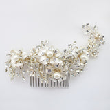 Lt Champagne Gold or Ivory Plated Rhinestone & Ivory Pearl Floral Comb 62