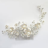 Lt Champagne Gold or Ivory Plated Rhinestone & Ivory Pearl Floral Comb 62