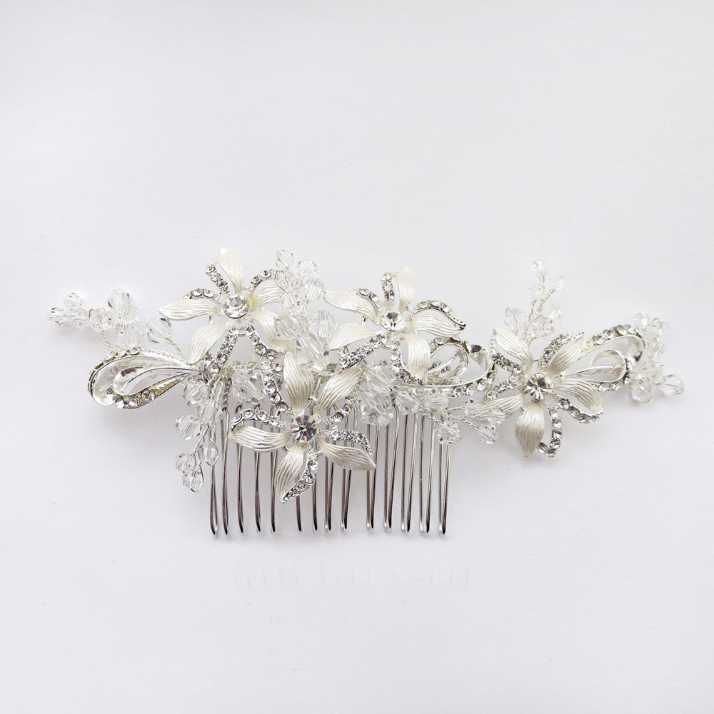 Silver Clear Swarovski Crystal & Rhinestone Floral Comb 65