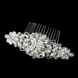 Antique Silver Rhodium Clear Rhinestone & Ivory Pearl Floral Comb 654