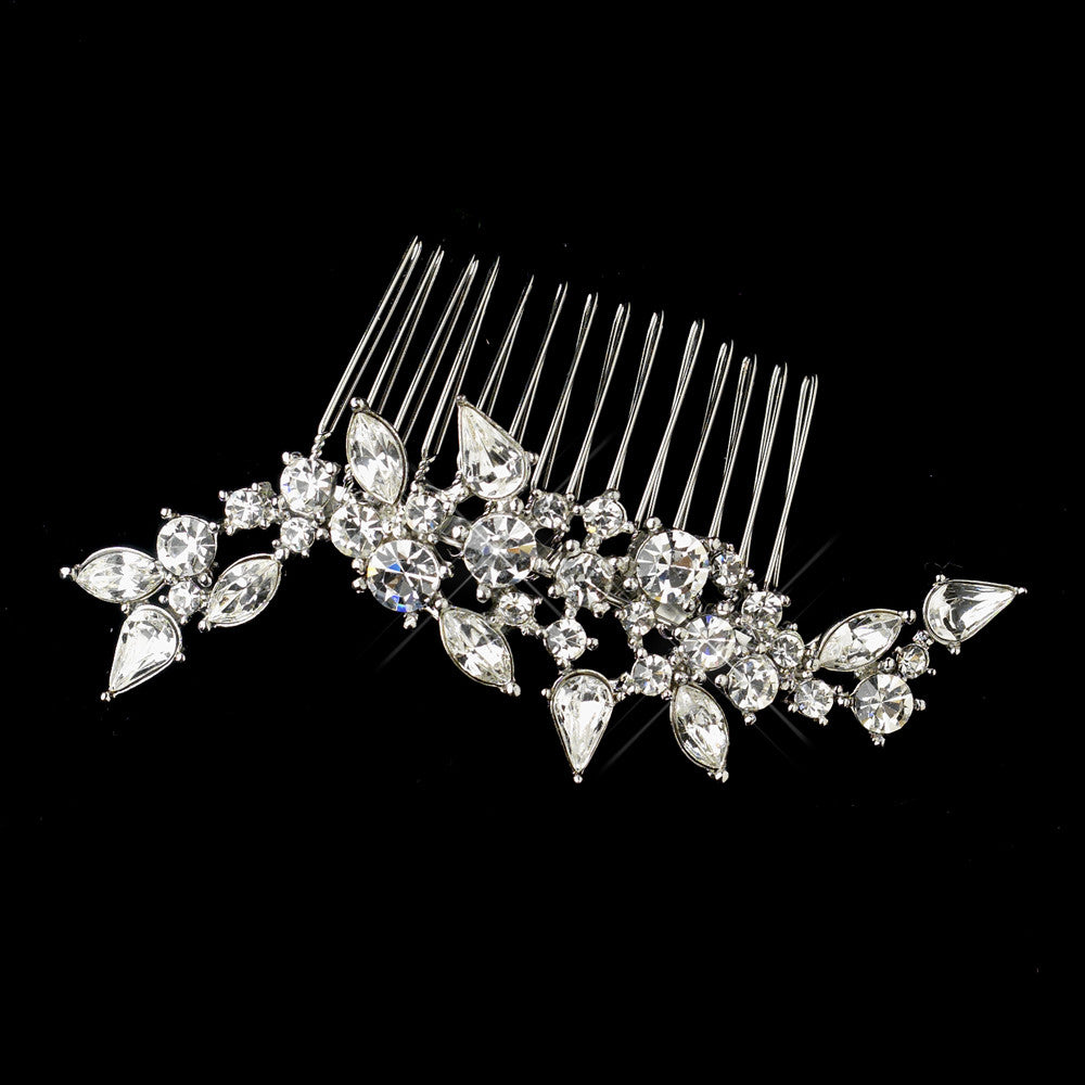 Antique Silver Rhodium Clear Rhinestone Comb 655