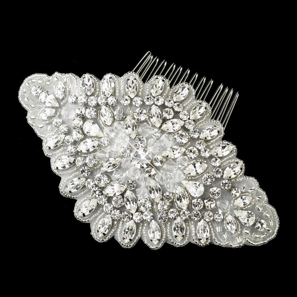 Antique Silver Rhodium Clear Rhinestone & Glass Bead Fabric Comb 657