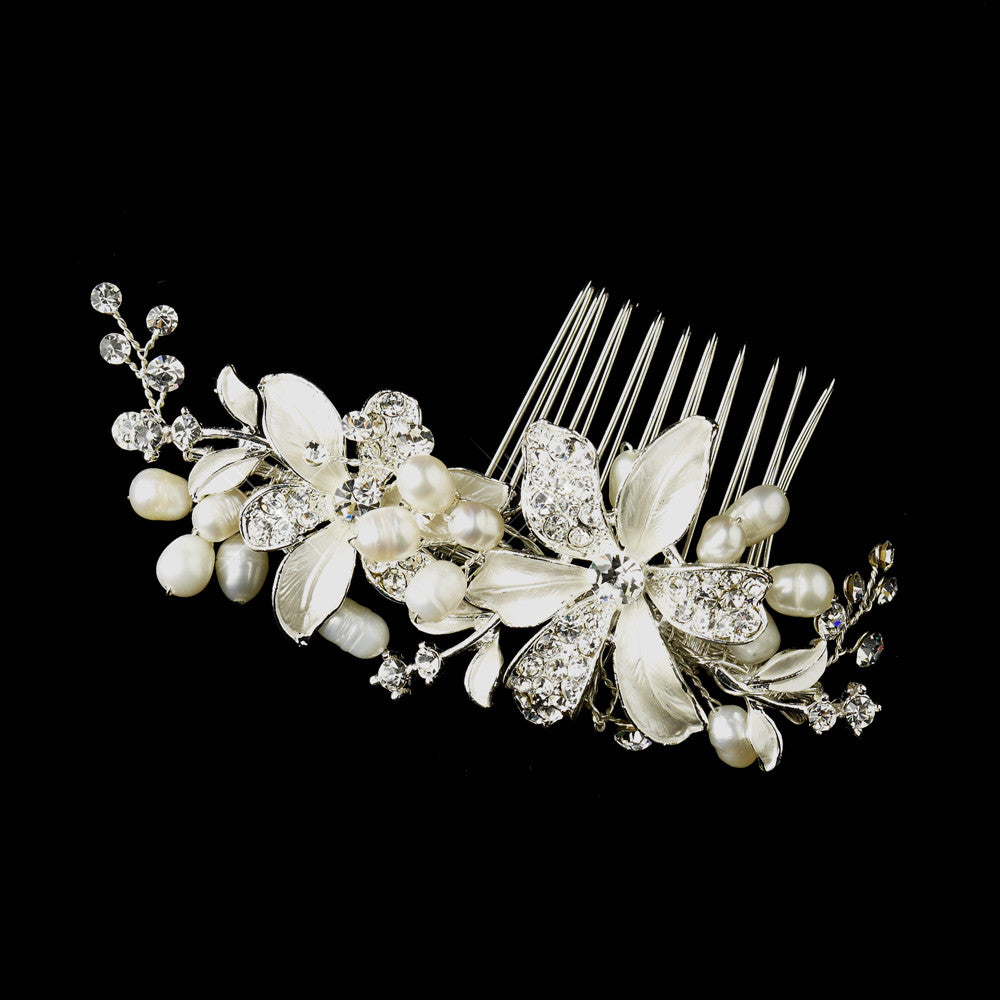 Silver Rhinestone & Freshwater Pearl Flower Bridal Hair Comb 702