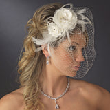 Beautiful Feather Fascinator and Birdcage Face Veil Comb in White or Ivory 755