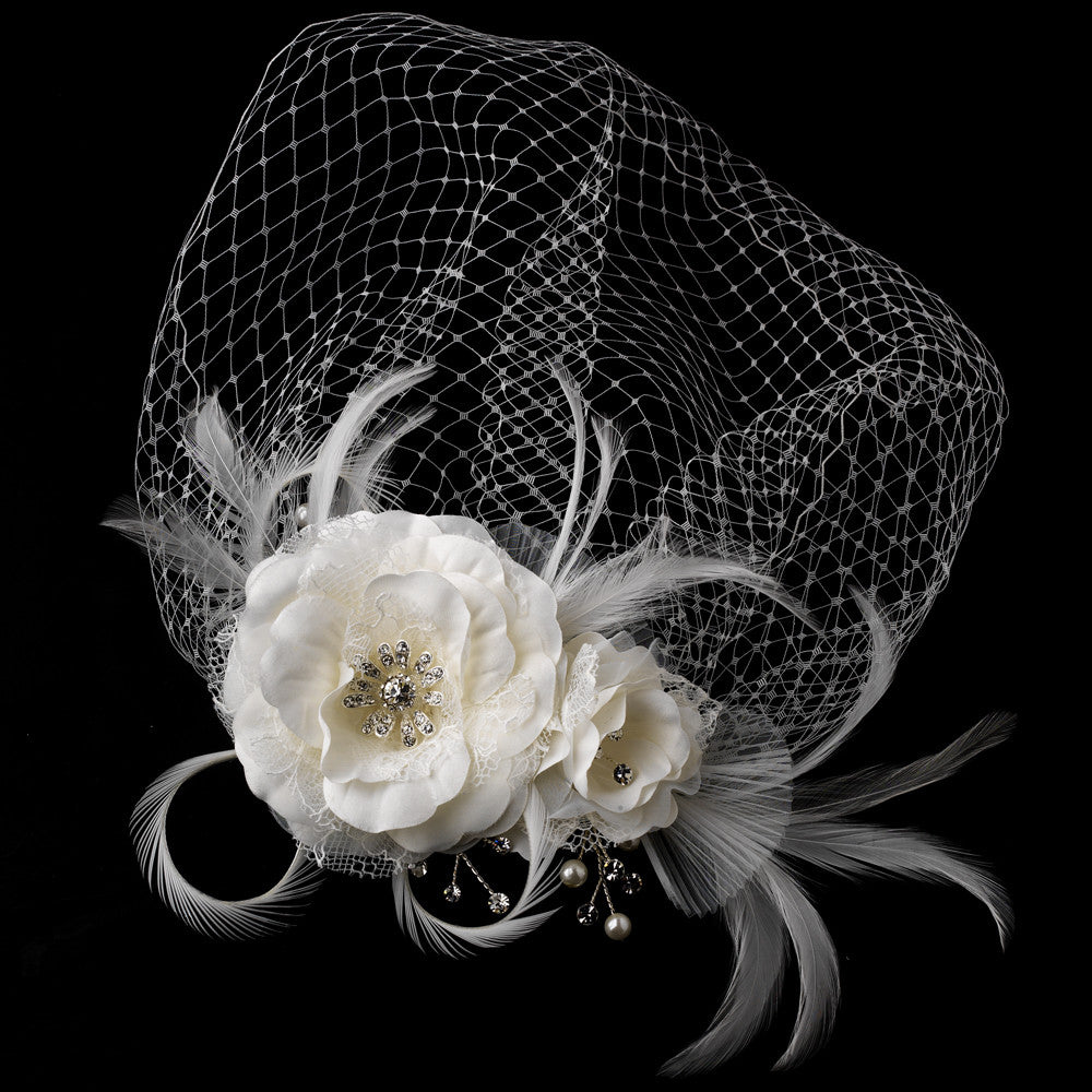 Beautiful Feather Fascinator and Birdcage Face Veil Comb in White or Ivory 755