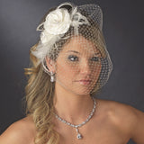 Beautiful Feather Fascinator and Birdcage Face Veil Comb in White or Ivory 755