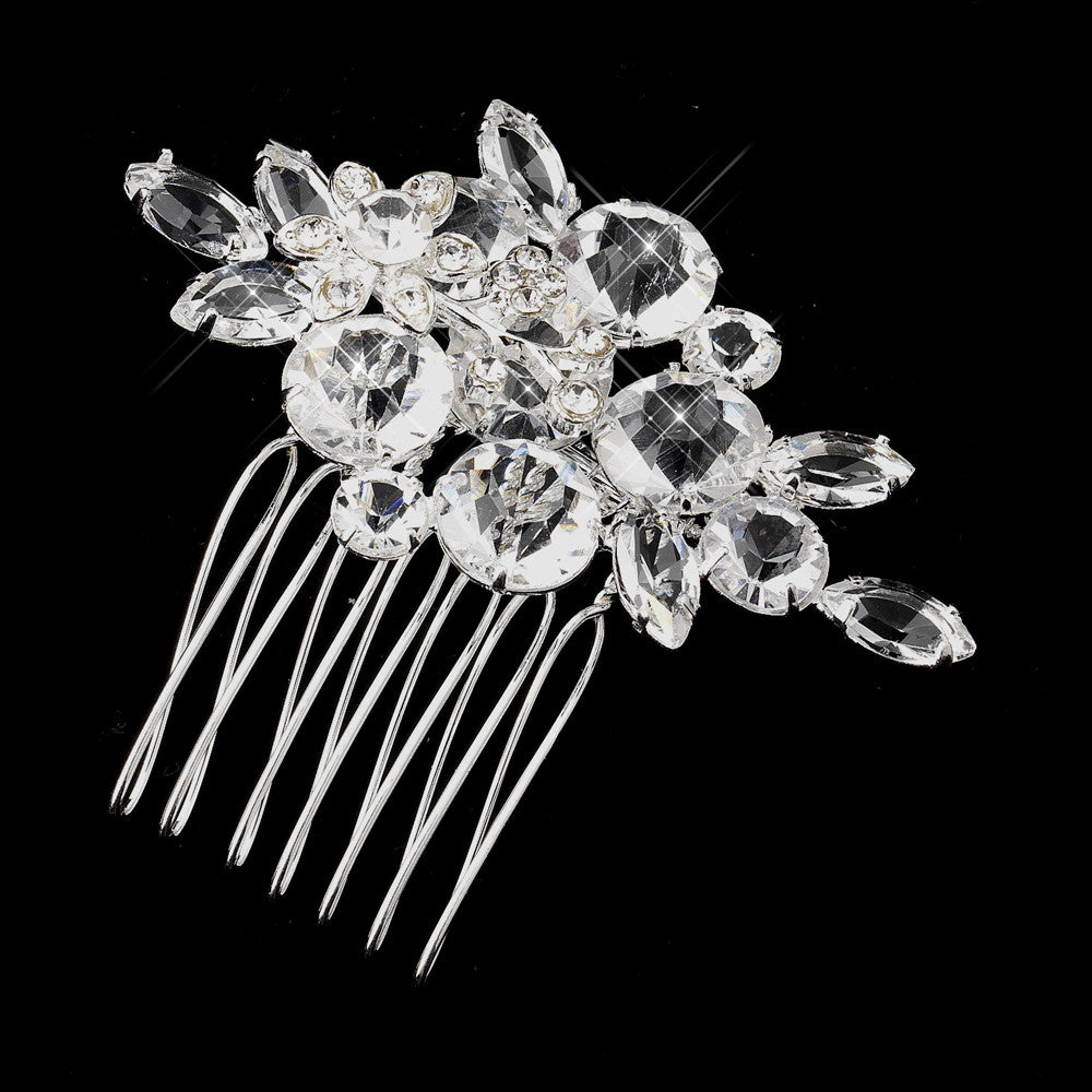 Silver Clear Crystal and Rhinestone Flower Accenting Comb 922