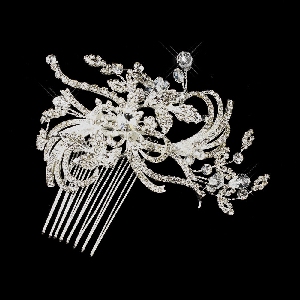 Silver Clear Austrian Crystal Swirl Flower Hair Comb 925
