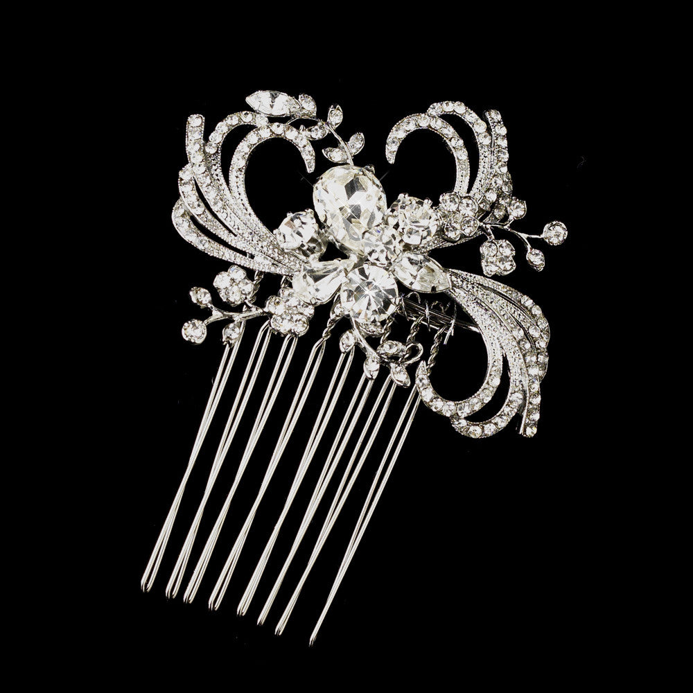 Antique Silver Clear Crystal & Rhinestone Ribbon Swirl Hair Comb 926