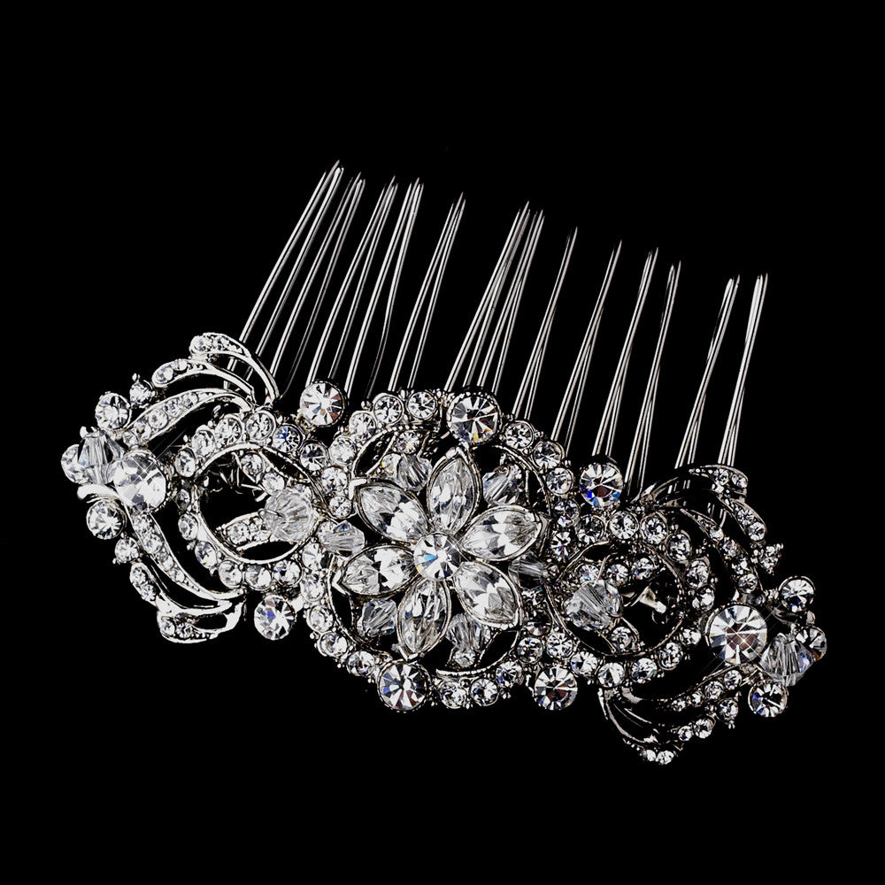 Antique Silver Crystal Bridal Hair Comb 934