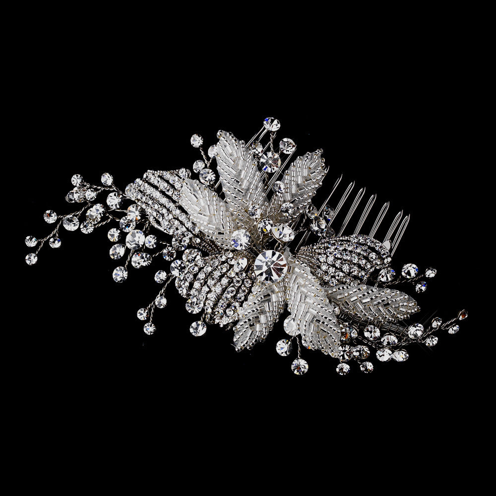 Antique Silver Crystal Flower Bridal Hair Comb 935