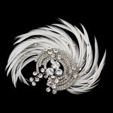 Antique Silver Rhodium Crystal & Ivory Feather Fascinator Clip 9938