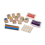 Melissa & Doug Wooden Classroom Stamp Set With 10 Stamps, 5 Colored Pencils, 4 Sticker Sheets, and 2-Colored Stamp Pad