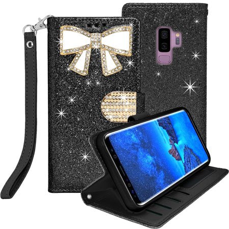 Samsung Galaxy S9 Plus Diamond Bow Glitter Leather Wallet Case Cover Black