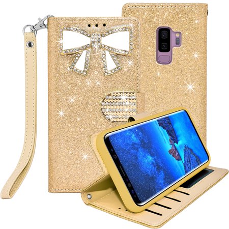 Samsung Galaxy S9 Plus Diamond Bow Glitter Leather Wallet Case Cover Gold
