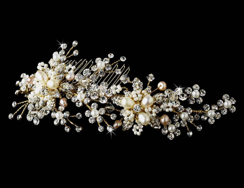 Swarovski Crystal & Freshwater Pearl Bridal Comb 002 (Gold or Silver Ivory Rum)