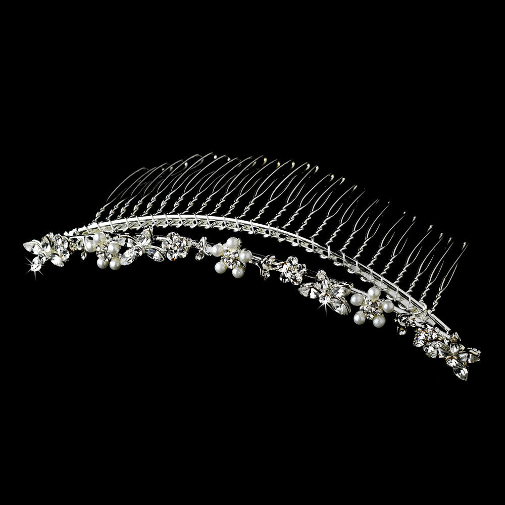 Elegant Delicate Floral Pearl & Rhinestone Bridal Comb 1030