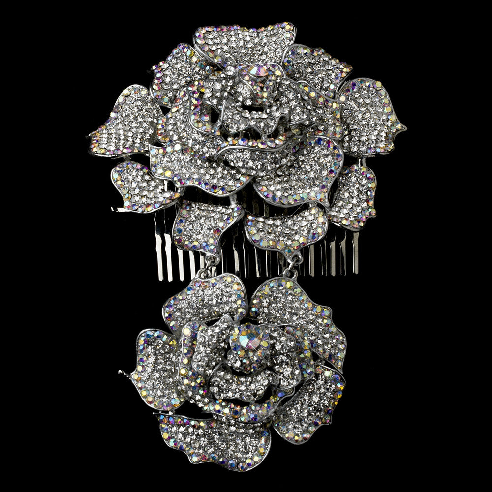 Antique Silver Clear & AB Crystal Flower Hair Comb 1124
