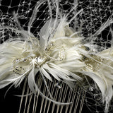 Captivating Birdcage Veil Comb with Feathers & Austrian Crystals 1135