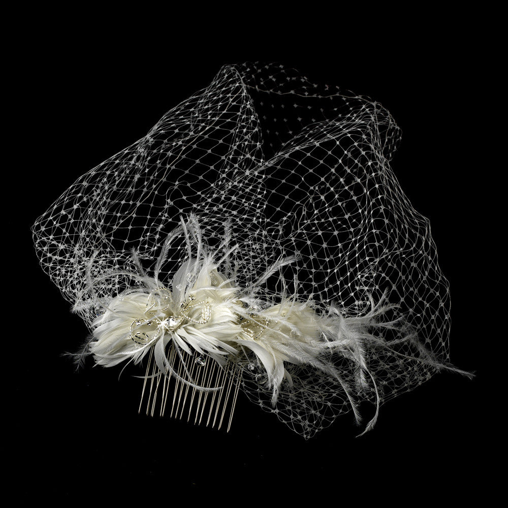 Captivating Birdcage Veil Comb with Feathers & Austrian Crystals 1135