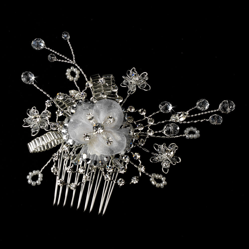 Stunning Silver Clear Hair Comb w/ Austrian Crystals & White Pearls 1588