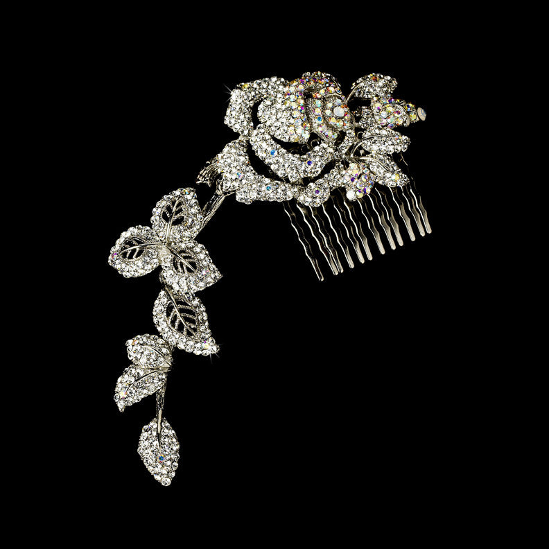 Stunning Antique Silver Aurora Borealis Flower Bridal Comb 2146