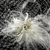 Feather Fascinator Flower with Crystal & Rhinestone Detailing & Russian Birdcage Blusher Veil White 3219