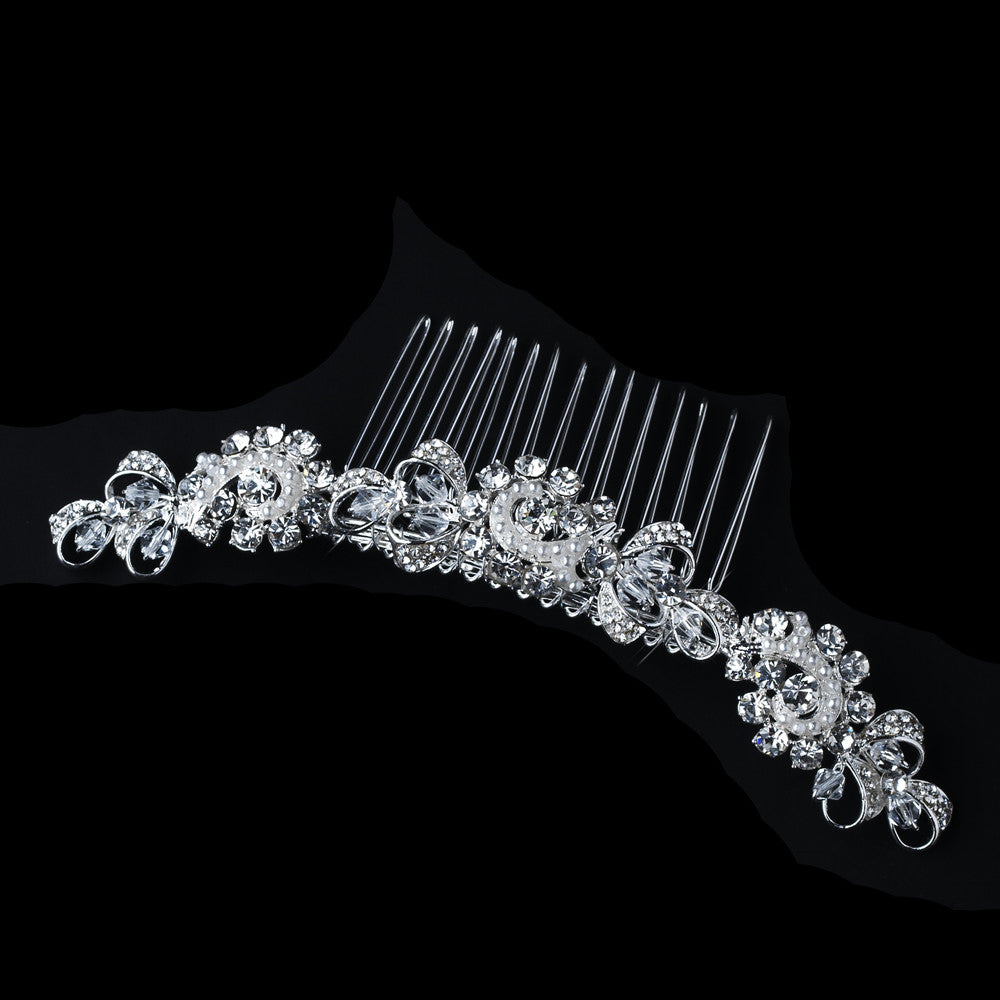 Silver White Pearl, Clear Swarovski Crystal & Rhinestone Comb 905