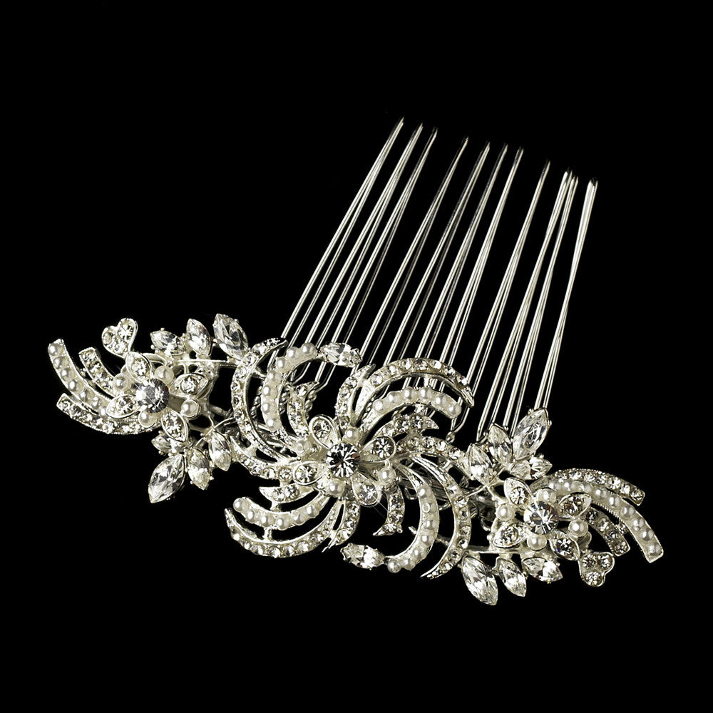 Silver Clear Crystal & Pearl Comb 906