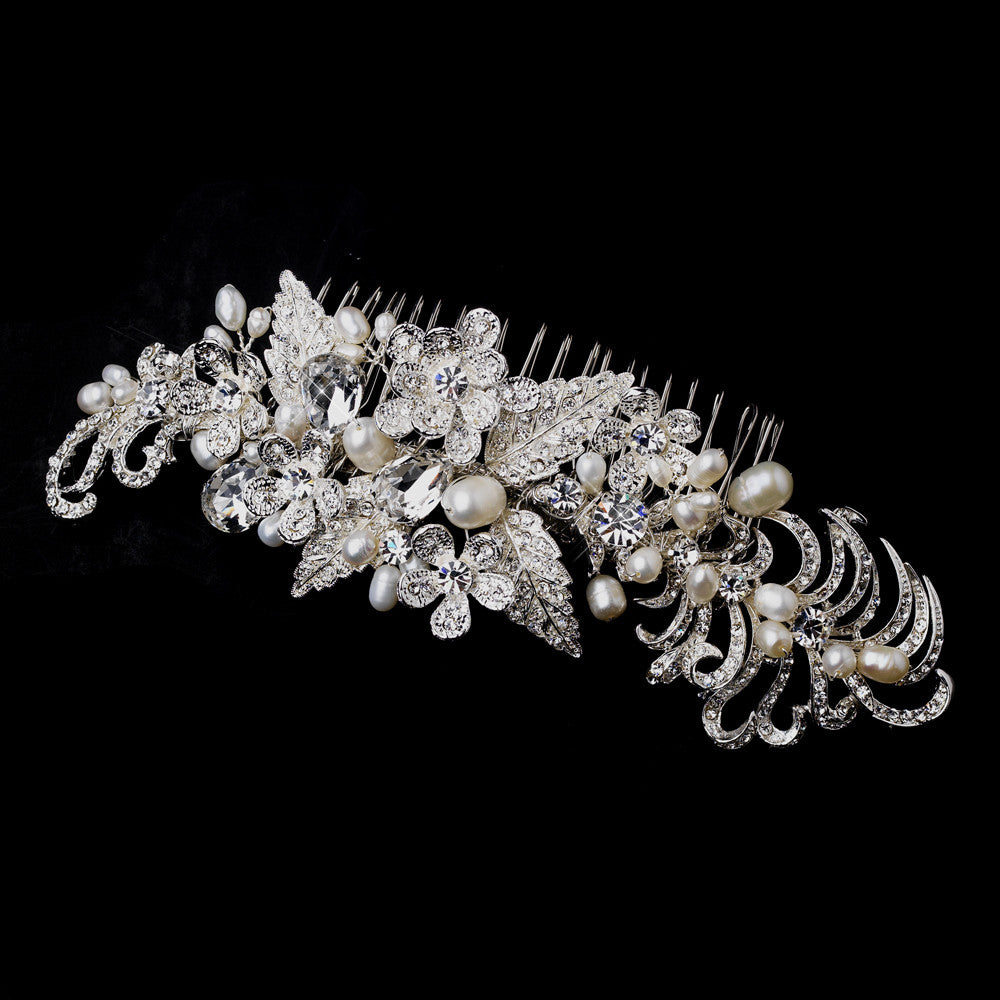 Silver Clear and Freshwater Pearl Hair Comb 913