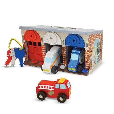 Melissa & Doug Lock and Roll Rescue Garage - 3 Wooden Vehicles, Garage With Locking Door and Keys