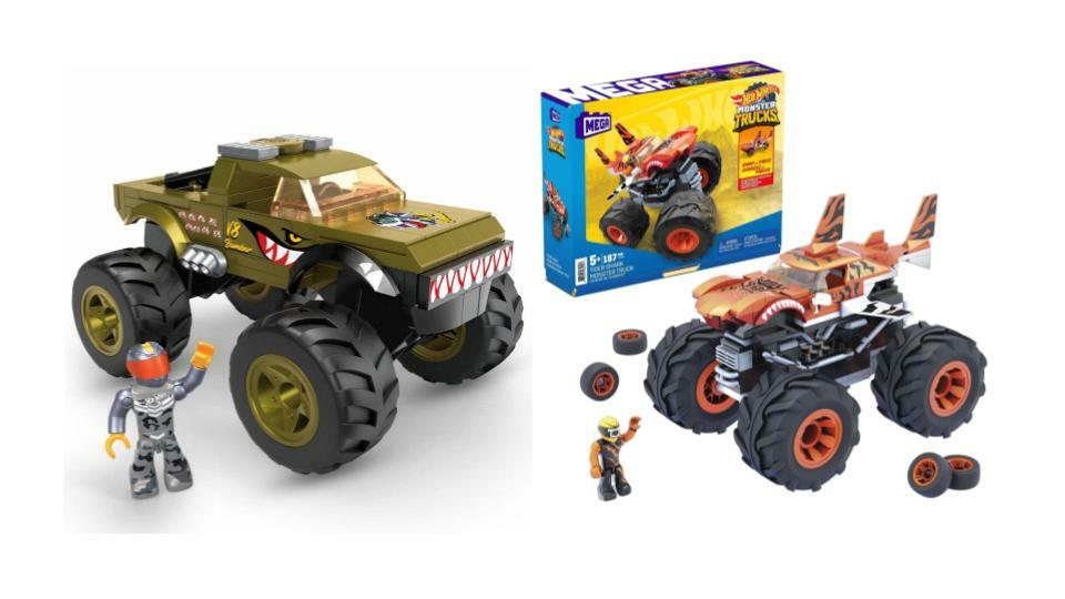 Bundle of 2 |Mega Hot Wheels Monster Truck Building Sets (V8 Bomber & Tiger Shark)