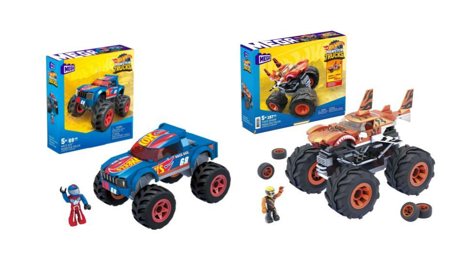 Bundle of 2 |Mega Hot Wheels Monster Truck Building Sets (Race Ace & Tiger Shark)