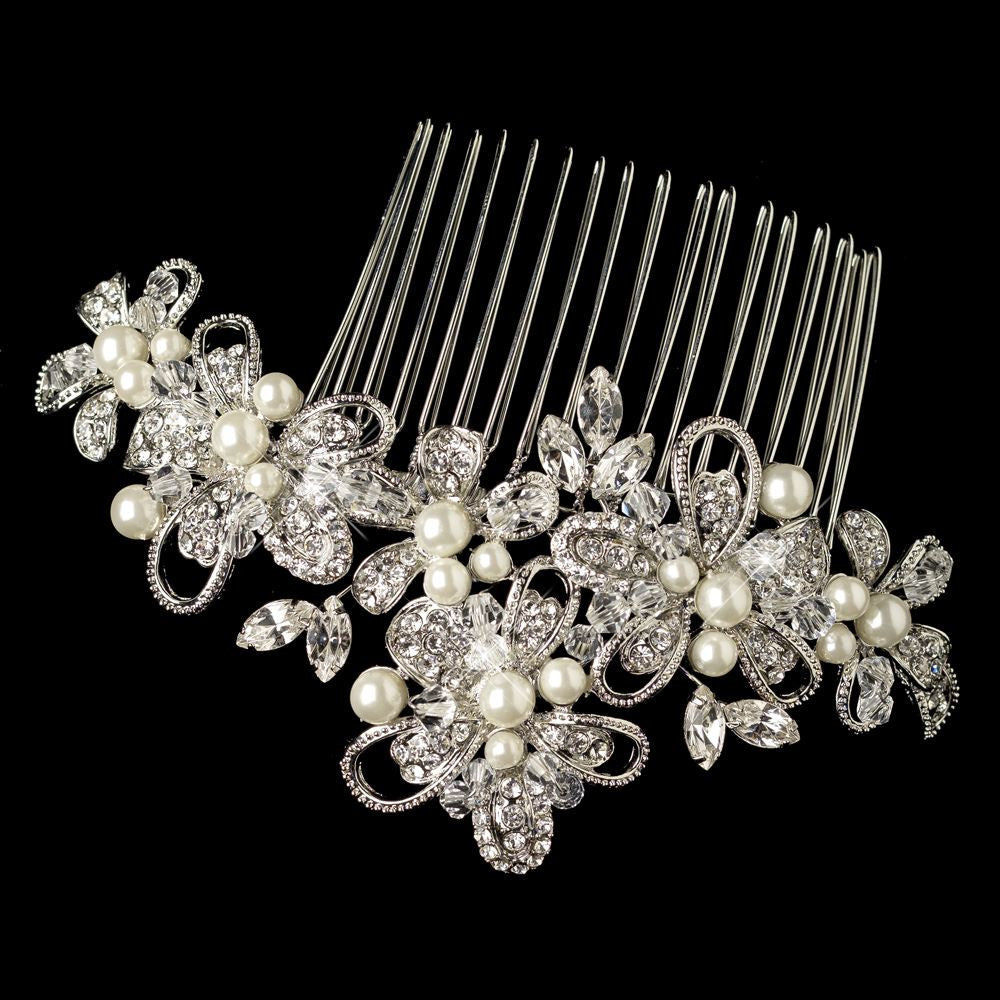 Swarovski Crystal Bead & Rhinestone Floral Ribbon Hair Comb 64