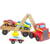 Melissa & Doug Magnetic Car Loader Wooden Toy Set With 4 Cars and 1 Semi-Trailer Truck