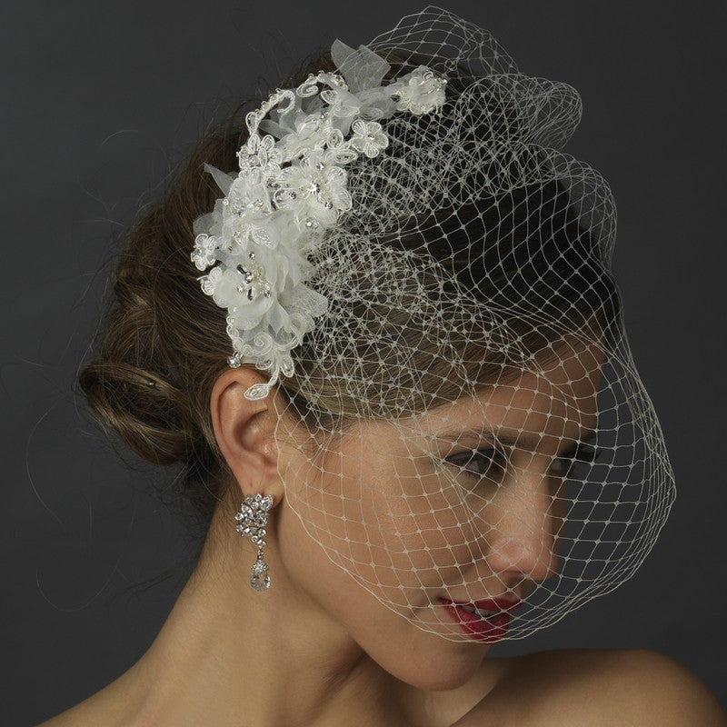 Floral Veil Fascinator with Rhinestone, Crystal & Lace Clip 2719