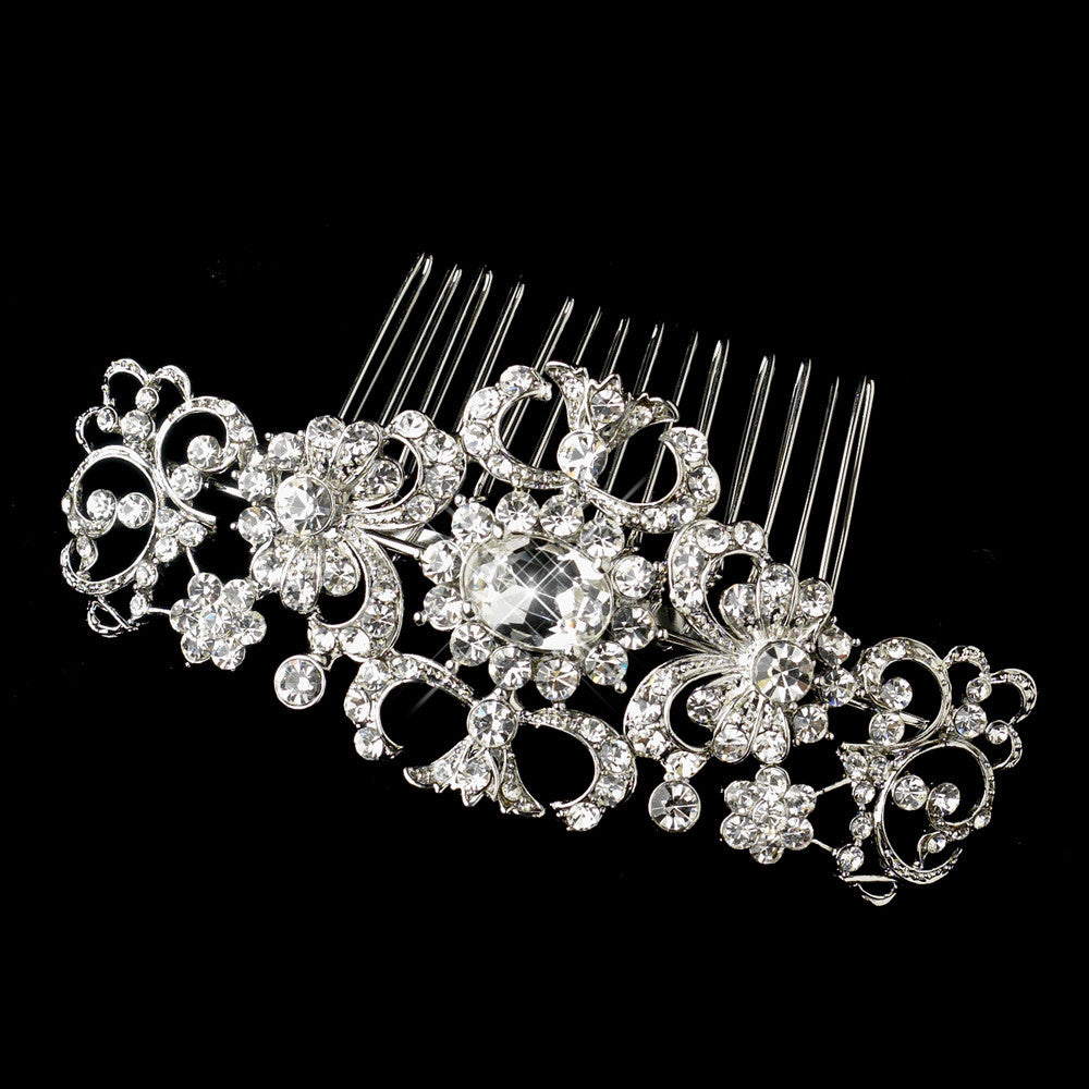 Antique Silver Rhodium Clear Rhinestone Swirl Comb 656